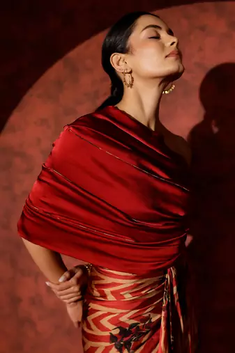 Red printed georgette gown