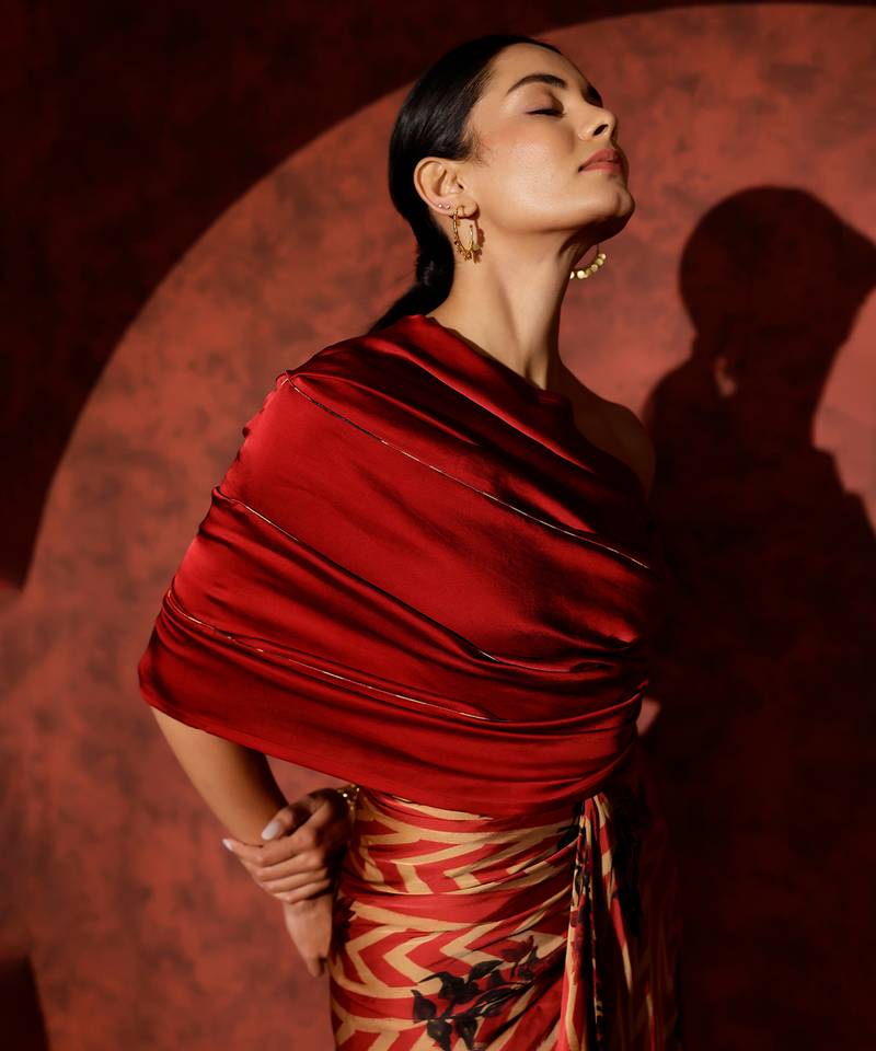 Red printed georgette gown