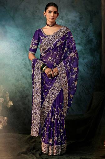 Voilet fancy hand work border with heavy designer blouse  wedding wear saree