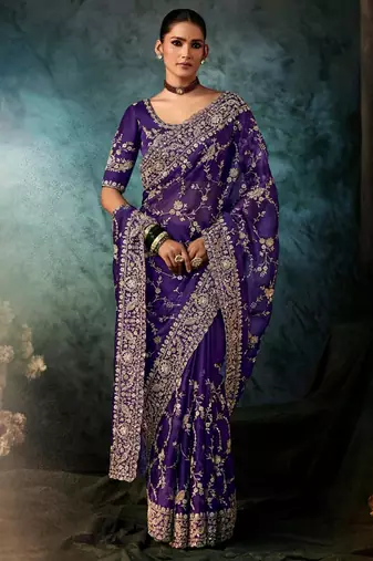 Voilet fancy hand work border with heavy designer blouse  wedding wear saree