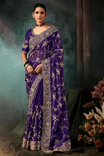 Voilet fancy hand work border with heavy designer blouse  wedding wear saree