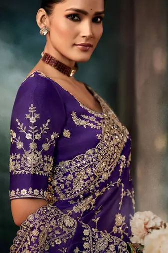 Voilet fancy hand work border with heavy designer blouse  wedding wear saree