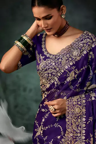 Voilet fancy hand work border with heavy designer blouse  wedding wear saree