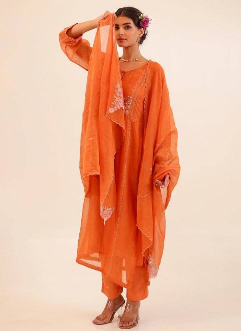 Rust orange beaded bageecha suit set