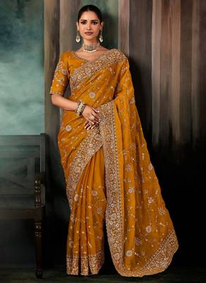 Mustard  fancy hand work border with heavy designer blouse  wedding wear saree 1