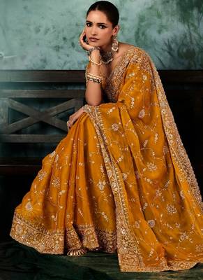 Mustard  fancy hand work border with heavy designer blouse  wedding wear saree 2