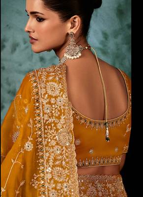 Mustard  fancy hand work border with heavy designer blouse  wedding wear saree 3