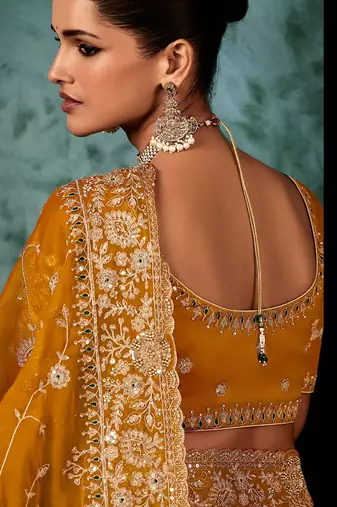 Mustard  fancy hand work border with heavy designer blouse  wedding wear saree