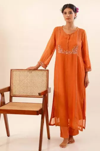 Rust orange beaded bageecha suit set
