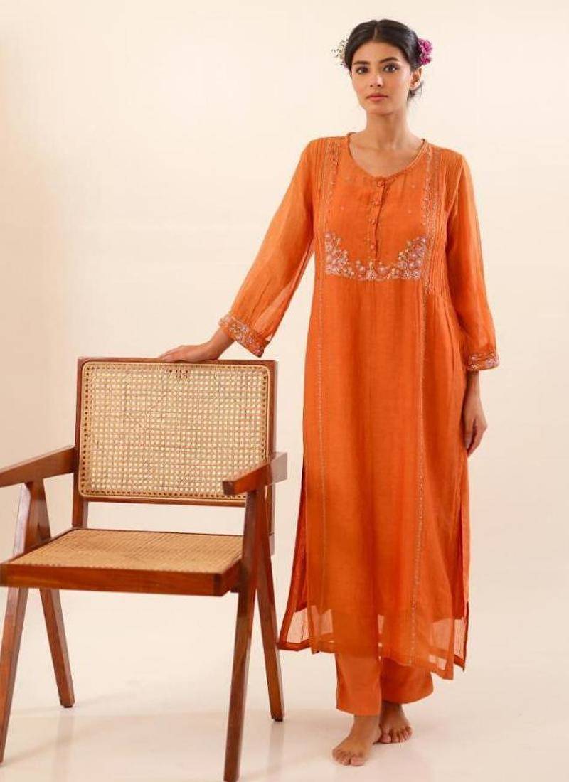 Rust orange beaded bageecha suit set
