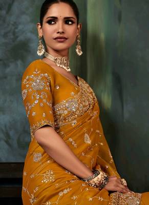 Mustard  fancy hand work border with heavy designer blouse  wedding wear saree 4