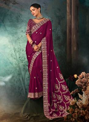 Burgandy  fancy hand work border with heavy designer blouse  wedding wear saree 1