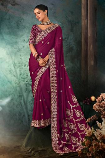 Burgandy  fancy hand work border with heavy designer blouse  wedding wear saree