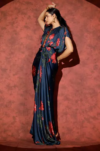 Blue printed georgette gown