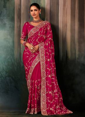 Raspberry fancy hand work border with heavy designer blouse  wedding wear saree 1
