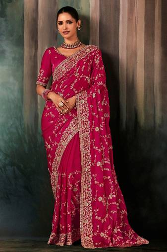 Raspberry fancy hand work border with heavy designer blouse  wedding wear saree