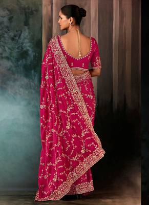 Raspberry fancy hand work border with heavy designer blouse  wedding wear saree 2