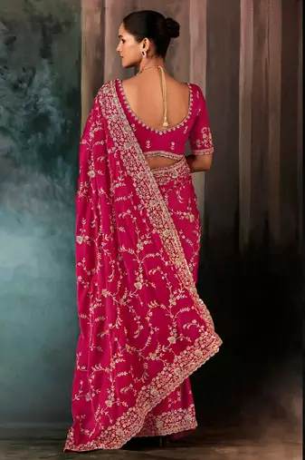 Raspberry fancy hand work border with heavy designer blouse  wedding wear saree