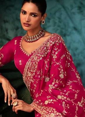 Raspberry fancy hand work border with heavy designer blouse  wedding wear saree 3