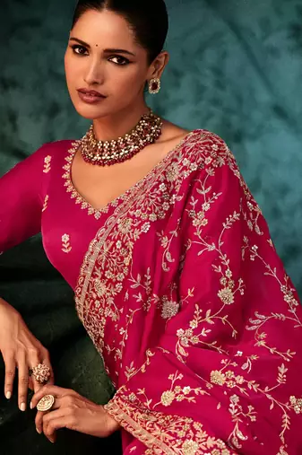 Raspberry fancy hand work border with heavy designer blouse  wedding wear saree