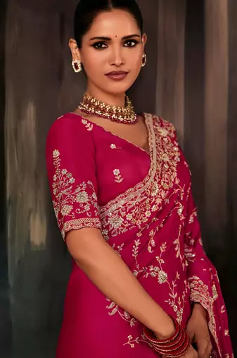 Raspberry fancy hand work border with heavy designer blouse  wedding wear saree