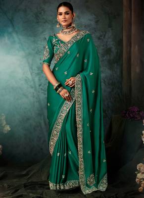 Peacock green fancy hand work border with heavy designer blouse  wedding wear saree 1