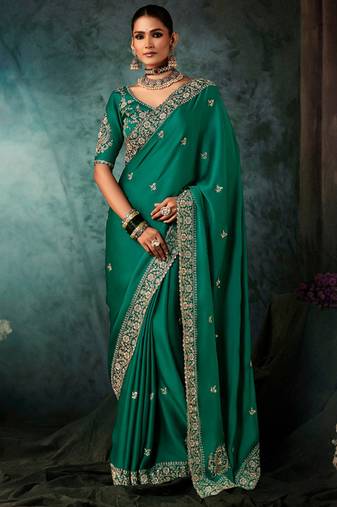 Peacock green fancy hand work border with heavy designer blouse  wedding wear saree