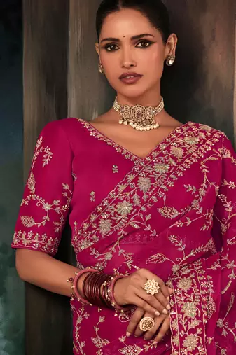 Raspberry fancy hand work border with heavy designer blouse  wedding wear saree