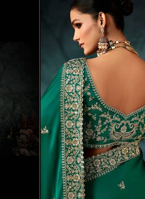Peacock green fancy hand work border with heavy designer blouse  wedding wear saree 2