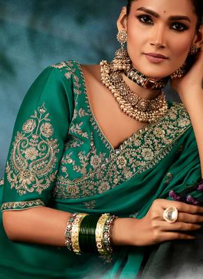 Peacock green fancy hand work border with heavy designer blouse  wedding wear saree 3