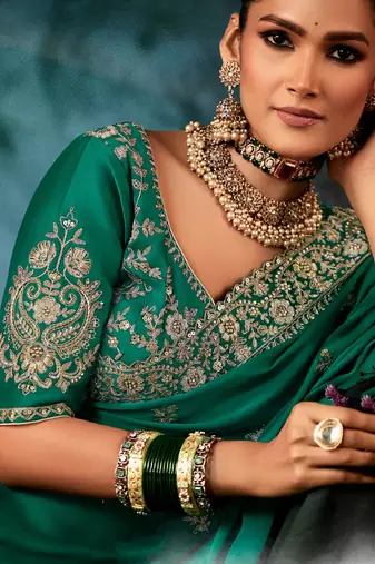 Peacock green fancy hand work border with heavy designer blouse  wedding wear saree