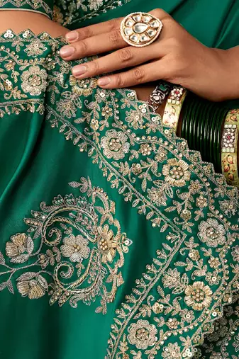 Peacock green fancy hand work border with heavy designer blouse  wedding wear saree