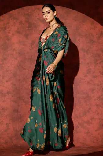 Green printed georgette gown
