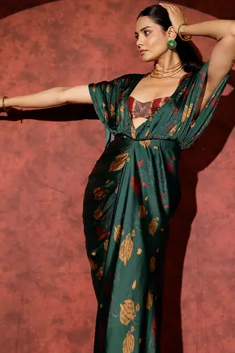 Green printed georgette gown