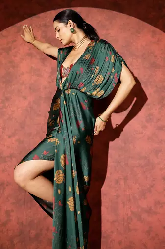 Green printed georgette gown