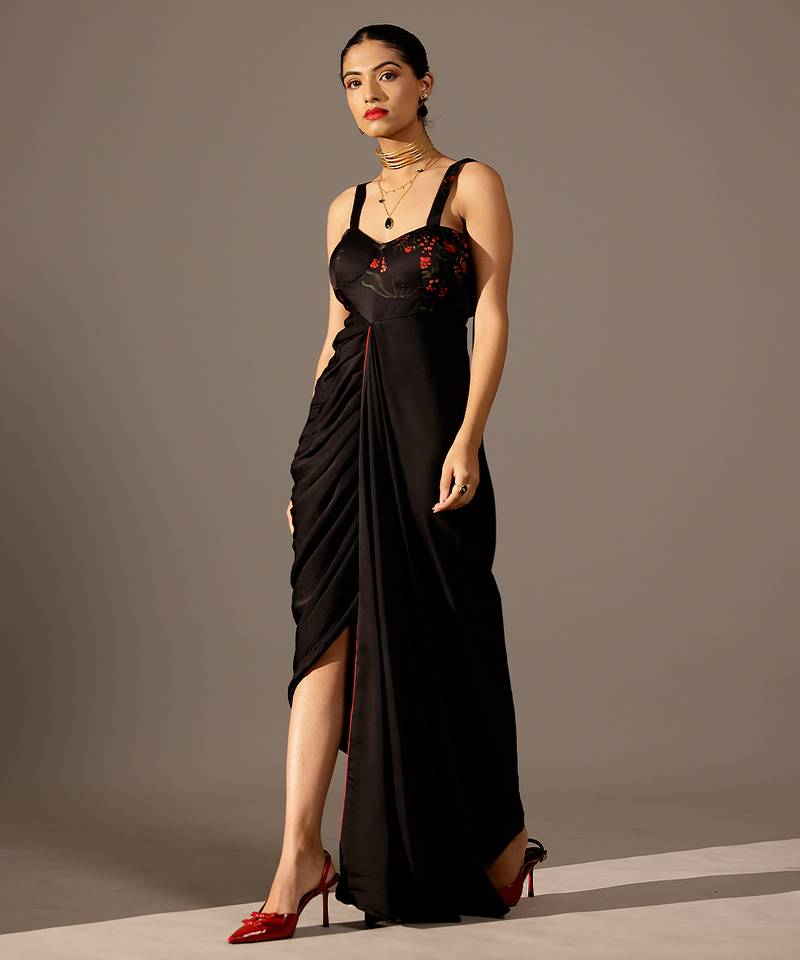Black printed georgette gown