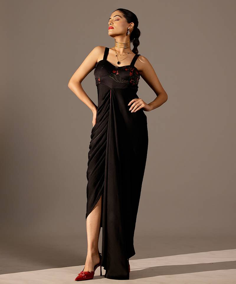 Black printed georgette gown