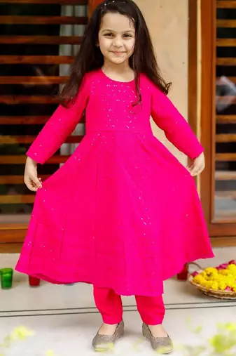 Pink Cotton Kids Anarkali with Pent & Potli