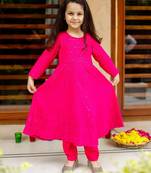 Pink Cotton Kids Anarkali with Pent & Potli