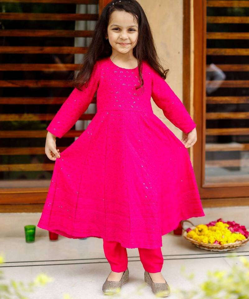 Pink Cotton Kids Anarkali with Pent & Potli