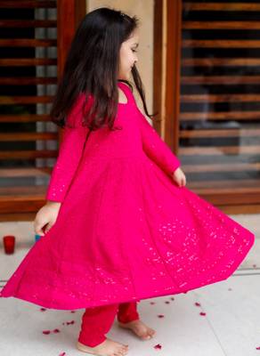 Pink Cotton Kids Anarkali with Pent & Potli 3