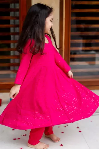 Pink Cotton Kids Anarkali with Pent & Potli