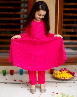 Pink Cotton Kids Anarkali with Pent & Potli 4
