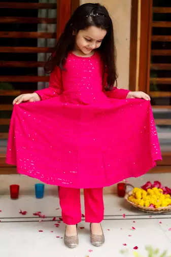 Pink Cotton Kids Anarkali with Pent & Potli