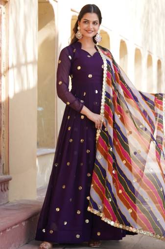 Purple Faux Blooming Embroidered Gown     Party & Festive Wear