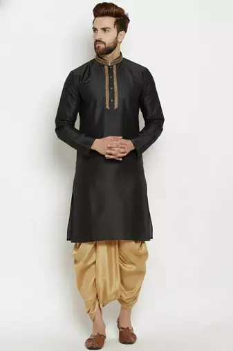 Black embroidered dupion art silk kurta set