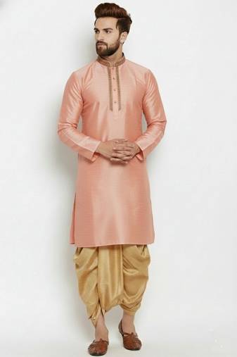 Peach  embroidered dupion art silk kurta set