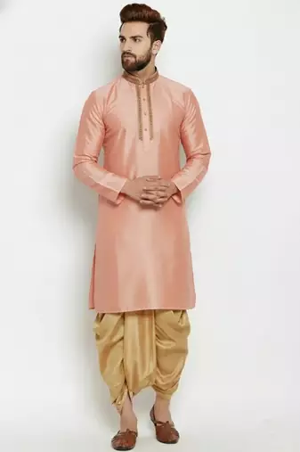 Peach  embroidered dupion art silk kurta set