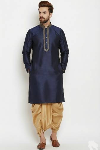 Navy embroidered dupion art silk kurta set