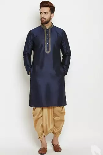 Navy embroidered dupion art silk kurta set